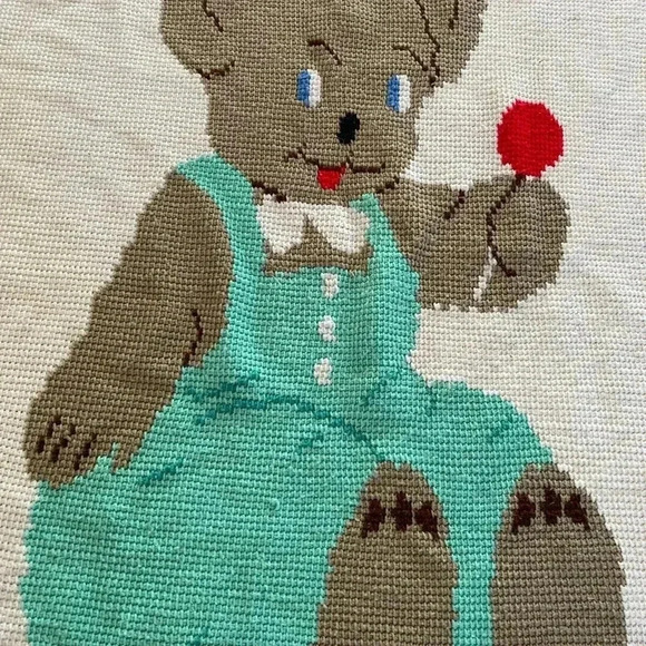 Vintage Crochet Knit Baby Teddy Bear Teal White Throw Nursery Crib Blanket - Picture 2 of 6